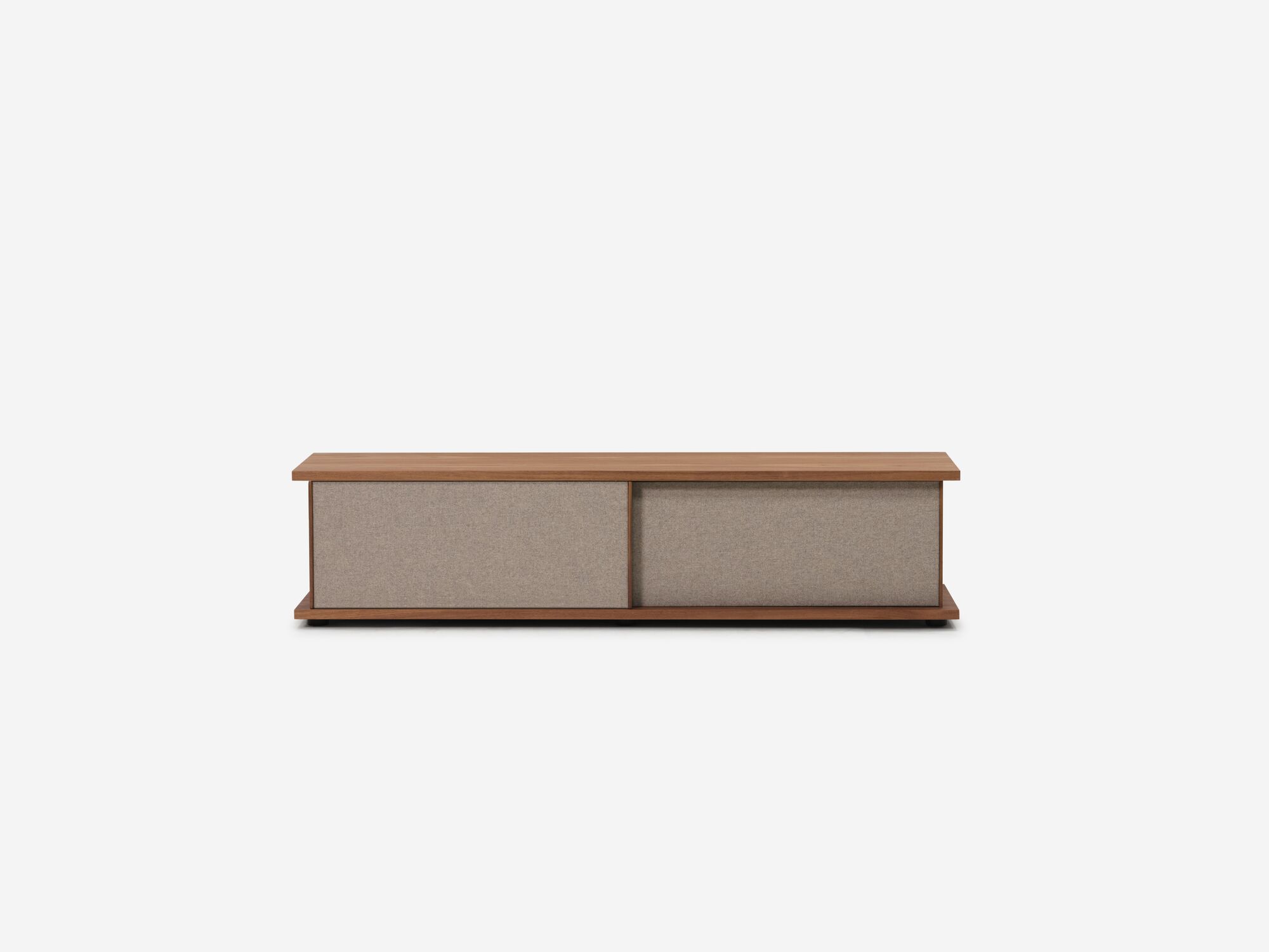 Front view of the Plank mid century media console in walnut with fabric panels